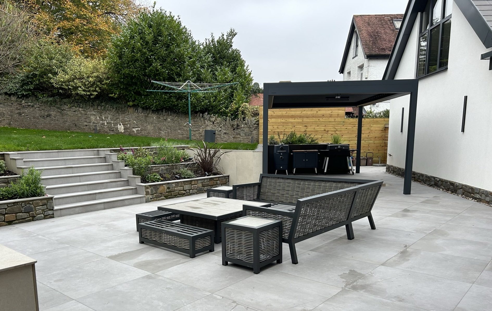 Porcelain patio with pergola and outdoor kitchen, Cardiff